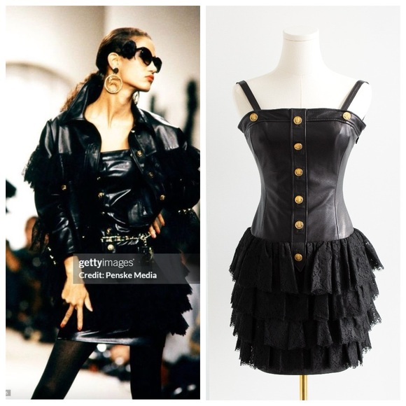 CHANEL Dresses & Skirts - Chanel Vintage S/S 1987 Black Lambskin Leather Lace Gold Wheat Mini Dress